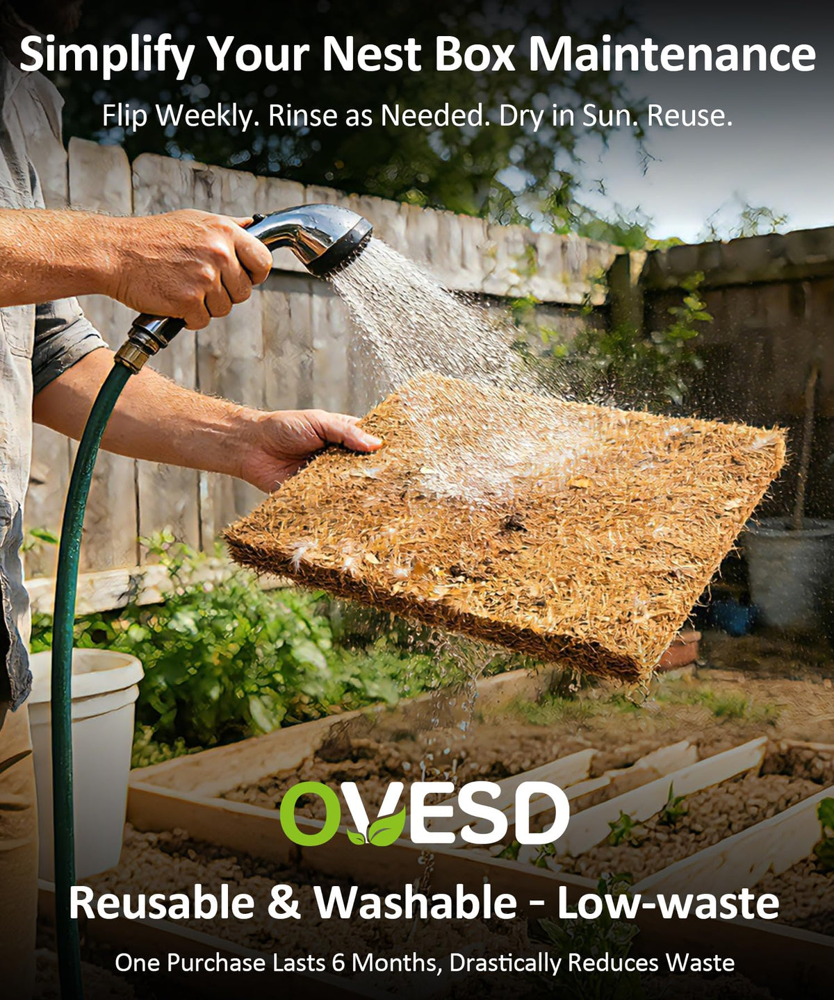 OVESD coop cleaning brush helps remove manure and feathers for a cleaner coop.
