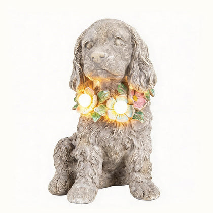 Ovewios dog memorial garden statue with wreath and solar lights for peaceful evenings.