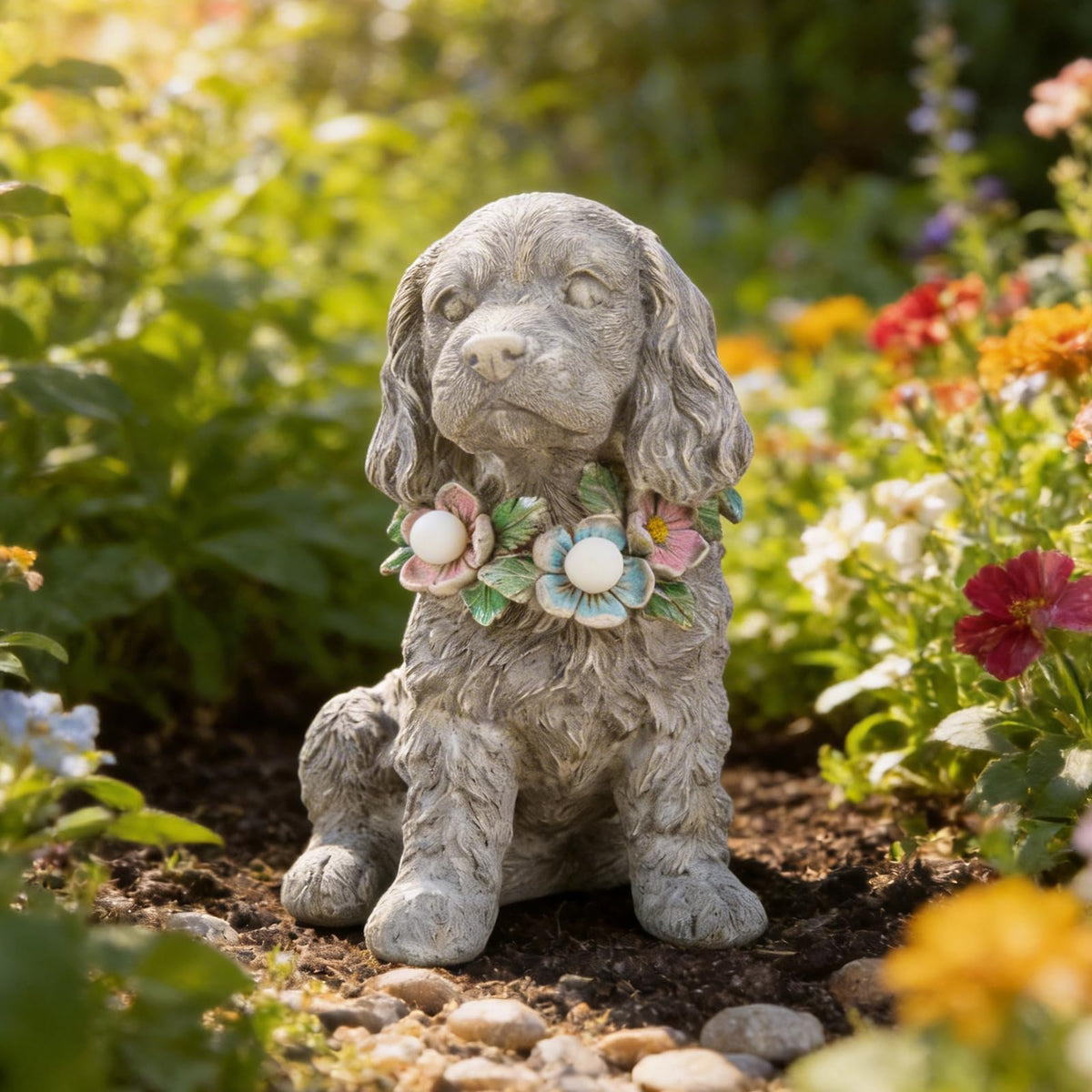 Ovewios resin garden figure with LED wreath offers a soft glow.