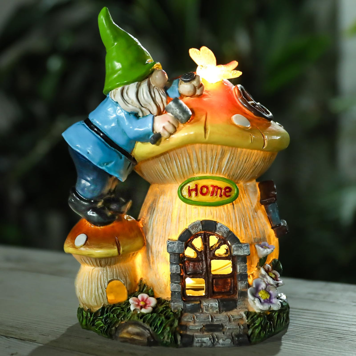 Ovewios garden gnome statue with mushroom-house motif for whimsical yard charm