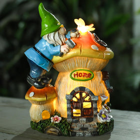 Ovewios garden gnome statue with mushroom-house motif for whimsical yard charm