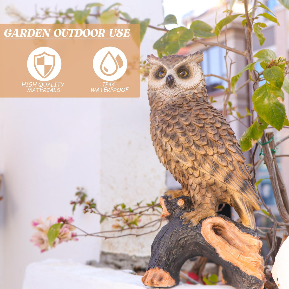 Ovewios durable owl statue resists weather perfect for patios and yards.