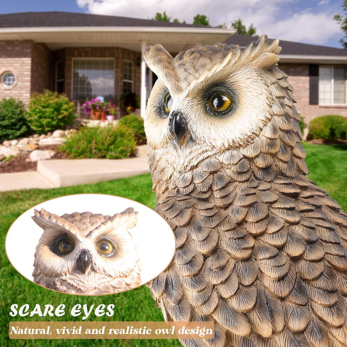 Ovewios resin owl sculpture withstands weather for durable yard decor.