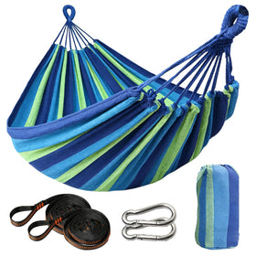 Ovyuzhen canvas outdoor hammock in setup for stable backyard relaxation.