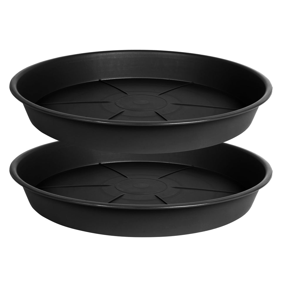 ovzilki 14-inch plant saucer tray in black protecting floors from water runoff
