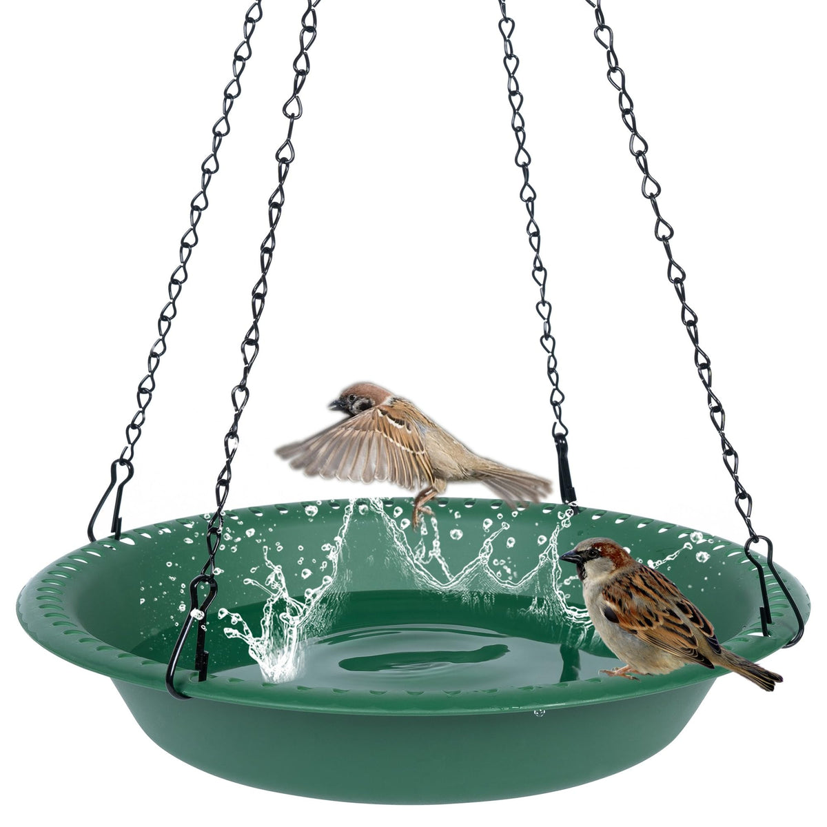 OVZILKI bird bath hanging green 13.6-inch diameter—a spacious drinking and bathing bowl for backyard birds.