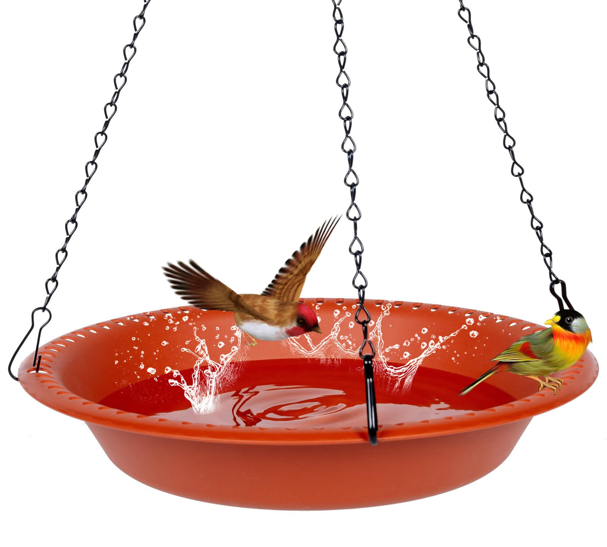 OVZILKI hanging bird bath 12-inch terracotta bowl invites birds to drink and bathe.