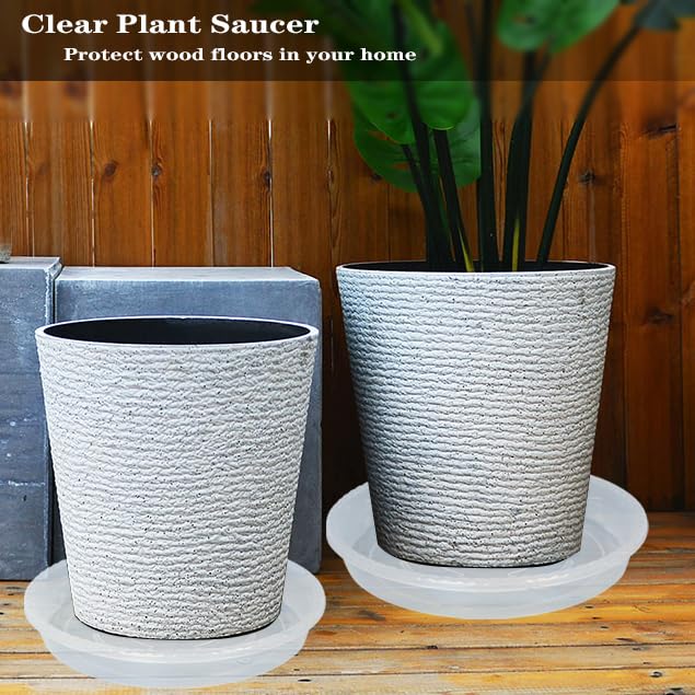 OVZILKI clear plant saucer shown in indoor-outdoor use for versatility.