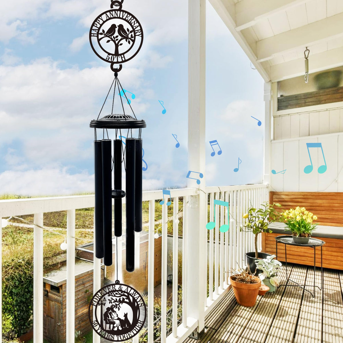 OWFCBEI wind chime in classic black finish blends beautifully with exteriors.