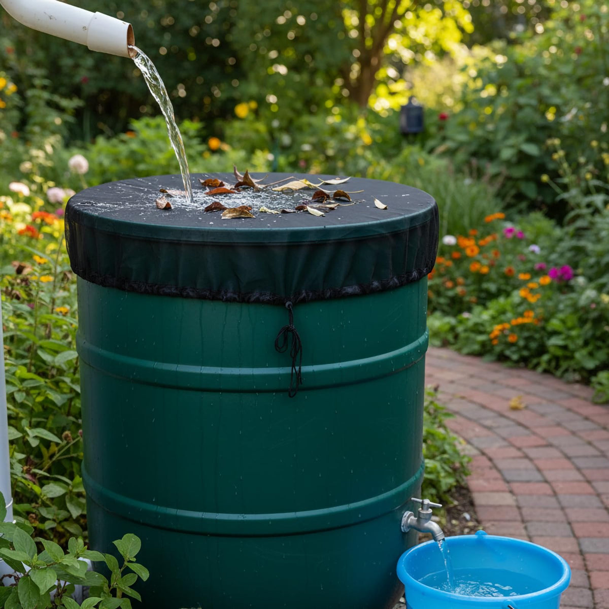 Owl Focus rain-barrel leaf filter screen keeps contaminants out while preserving water.
