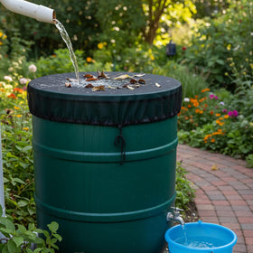 Owl Focus rain-barrel leaf filter screen keeps contaminants out while preserving water.