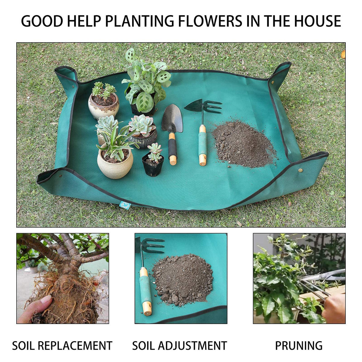 Owl Focus mat showing contained soil to prevent spills during potting tasks.