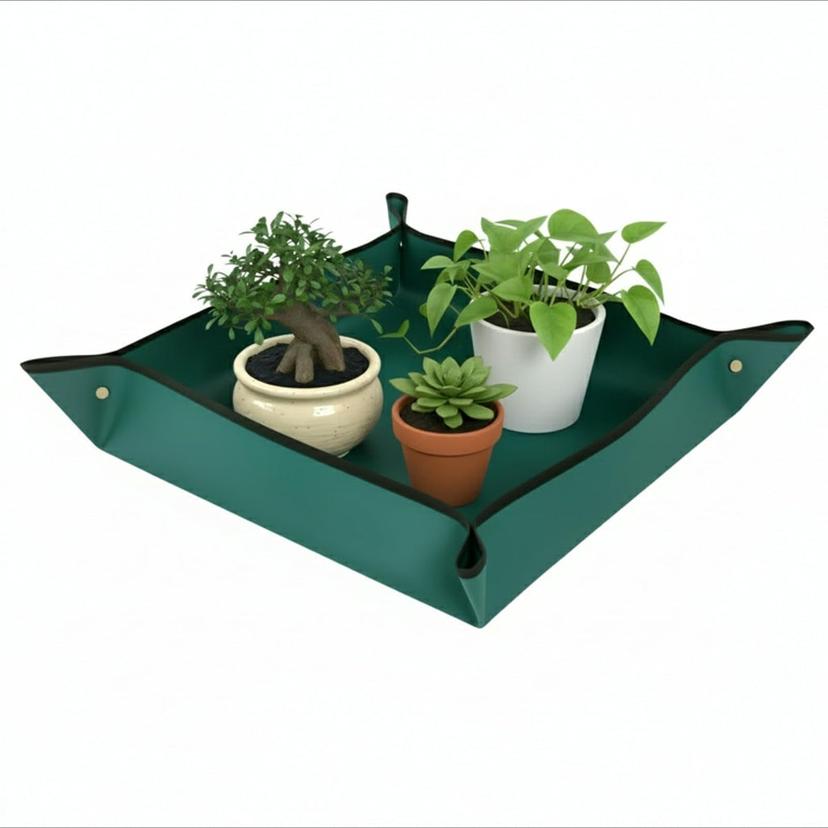 Owl Focus repotting mat on a worktable with durable Oxford fabric for mess-free gardening.