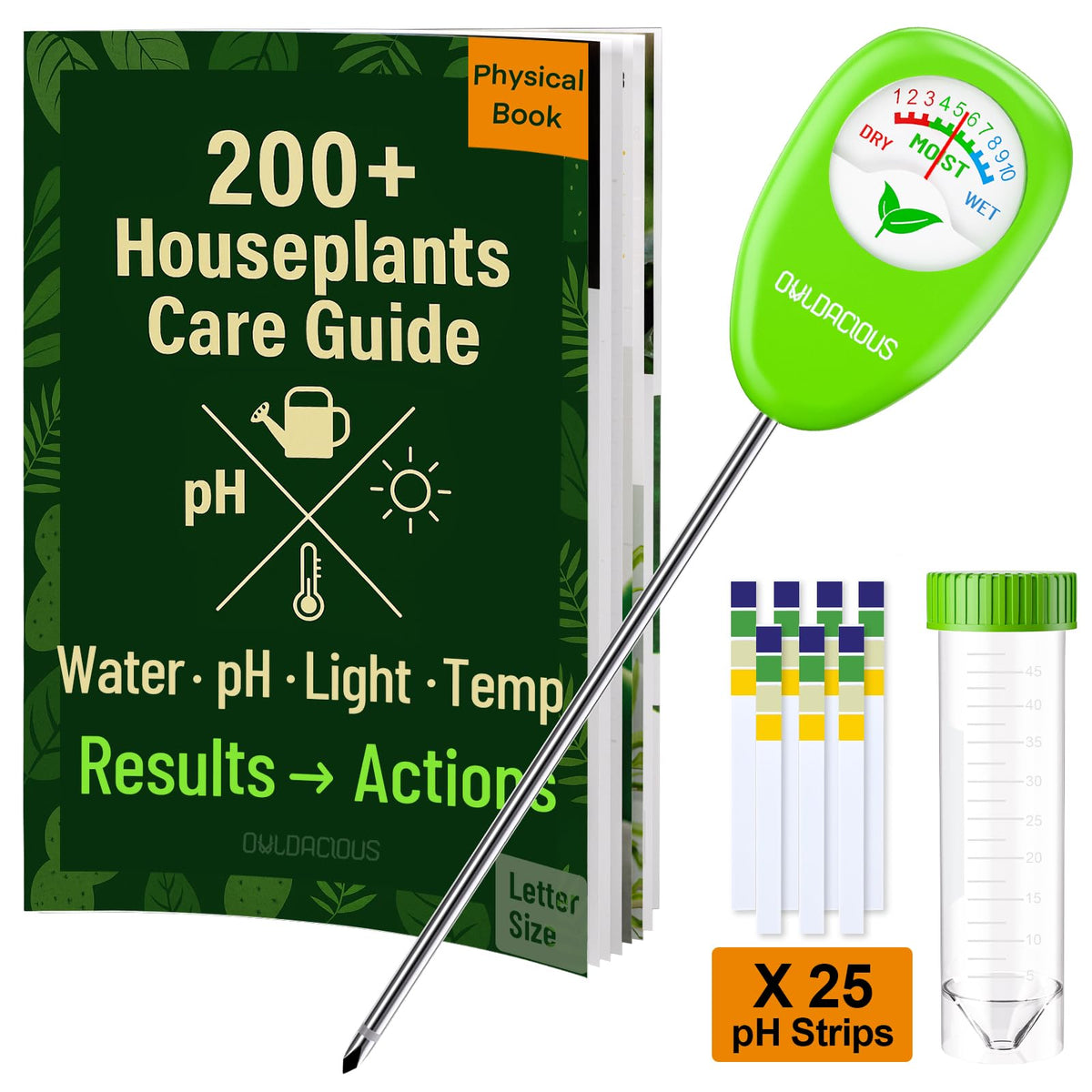 Owldacious soil moisture meter front view for quick plant watering decisions.