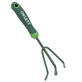 Owlett garden hand rake with 3-prong claw for efficient soil cultivation