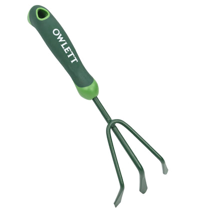 Owlett garden hand rake with 3-prong claw for efficient soil cultivation