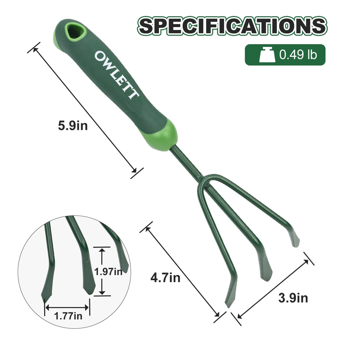 Owlett rake showing ergonomic rubber handle for comfortable grip