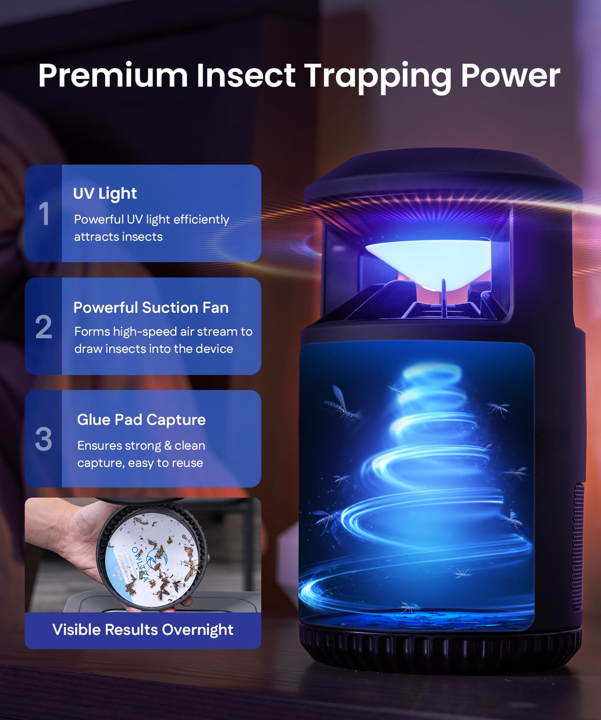 OWLTRA IMT-L60 side panel showing suction drawing insects into trap