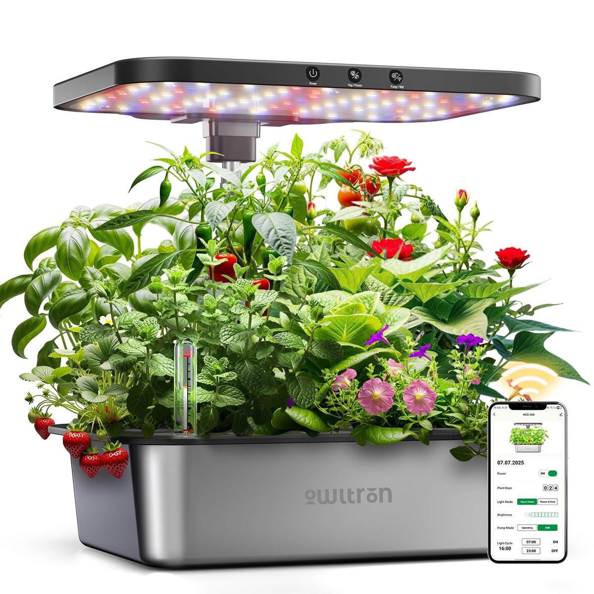 Owltron hydroponic system setup with 15 pods for easy indoor herb gardening.