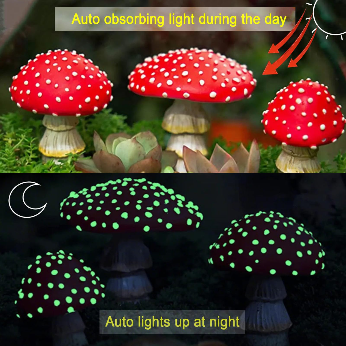 OwMell glow in the dark mushroom tucked in bushes subtly lights a path.