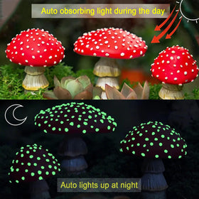 OwMell glow in the dark mushroom tucked in bushes subtly lights a path.