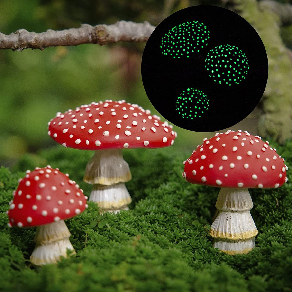 OwMell glow in the dark mushroom on a tree branch enhances night garden ambience.