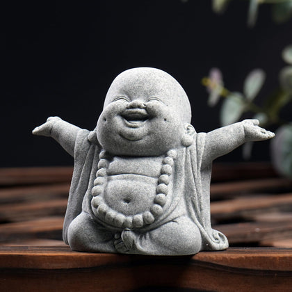 OwMell Jizo monk statue close-up sandstone texture for tranquil garden décor