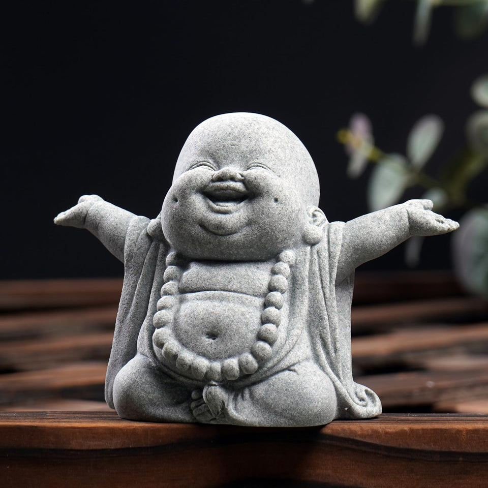 OwMell Jizo monk statue close-up sandstone texture for tranquil garden décor