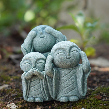 OwMell Jizo monk statue trio for aquarium display, peaceful decor.