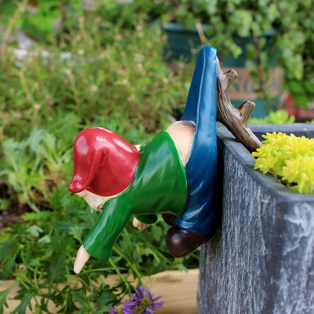 OwMell pants-stuck-branch gnome adds quirky focal point.