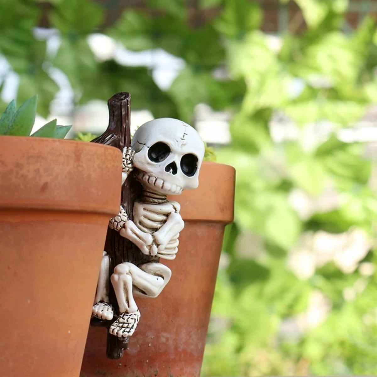 OwMell skeleton planter hugger hanging on a pot for whimsy.