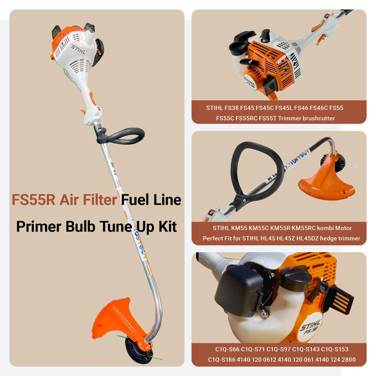 Ownengin FS45 compatible kit demonstrates STIHL model compatibility for trimmers.