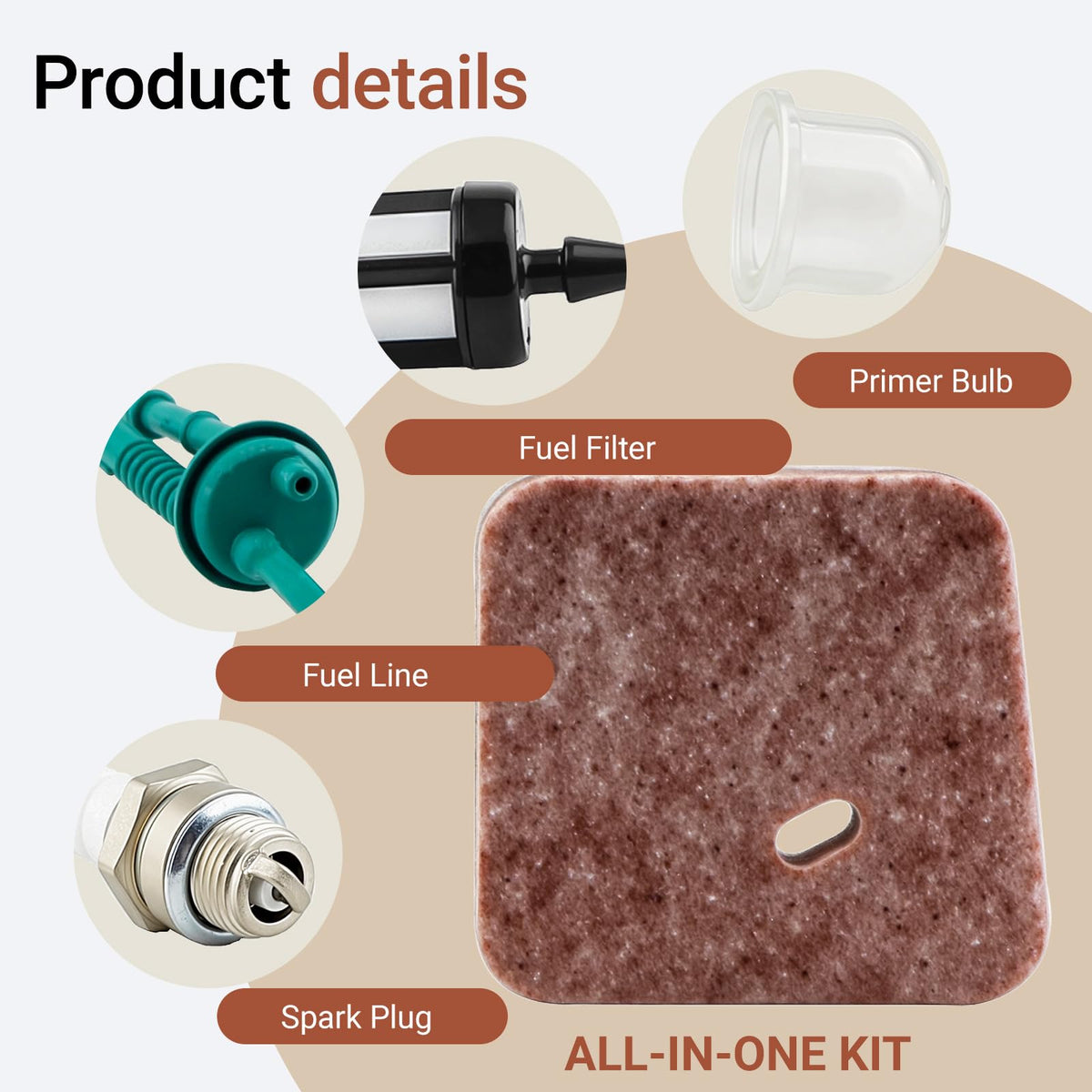Ownengin primer bulb and spark plug ready-to-use kit elements.
