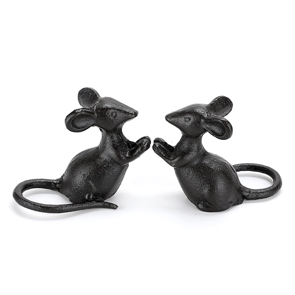 OwnMy cast iron mouse figurines two-pack on rustic stand for garden decor