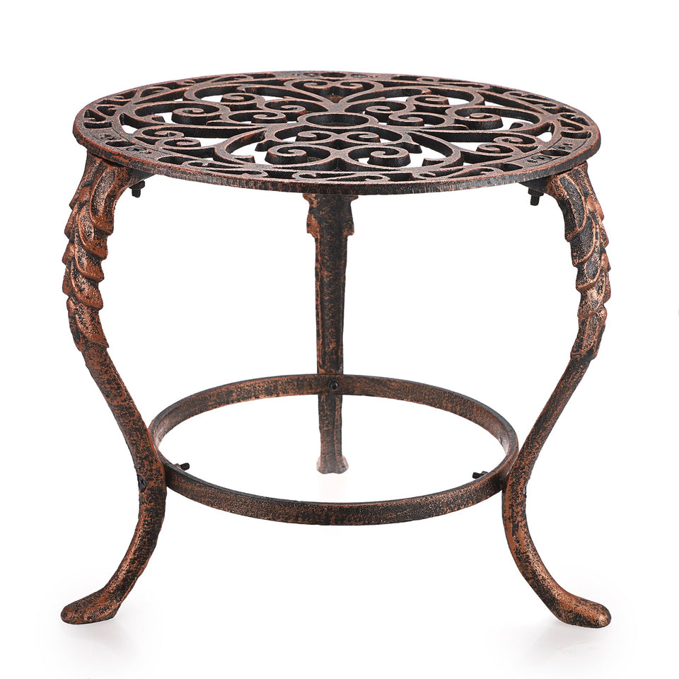 OwnMy heavy-duty cast iron plant stand, front view, showcasing sturdy tripod brackets for stability.