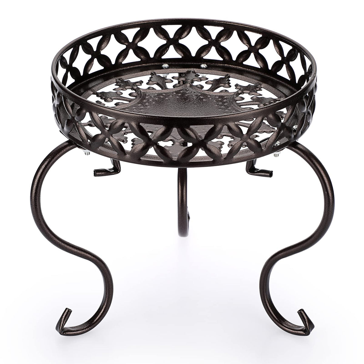 OwnMy metal round plant stand bracket closeup highlighting three curved supports.