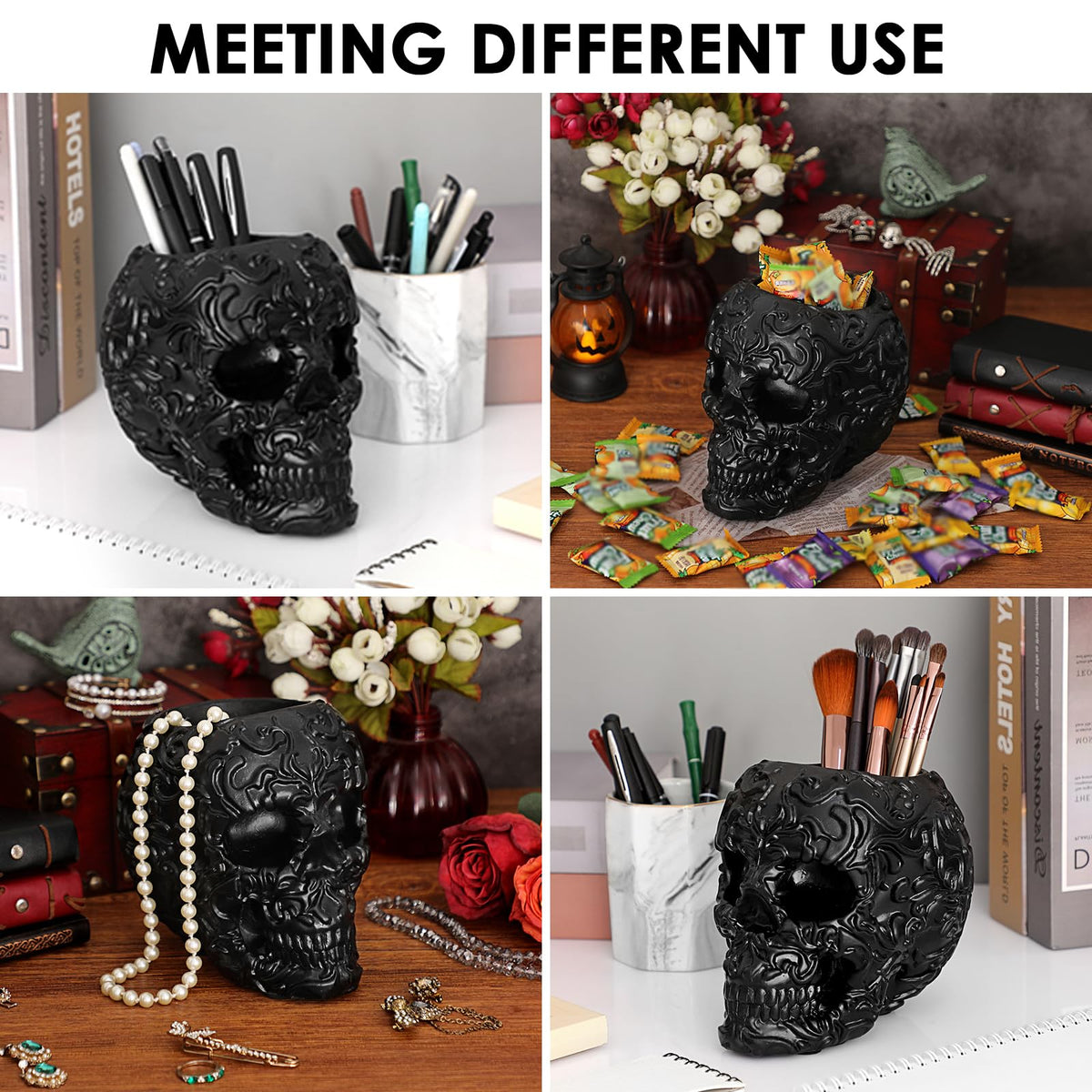 OwnMy resin skull planter drainage hole enables easy watering and drainage.