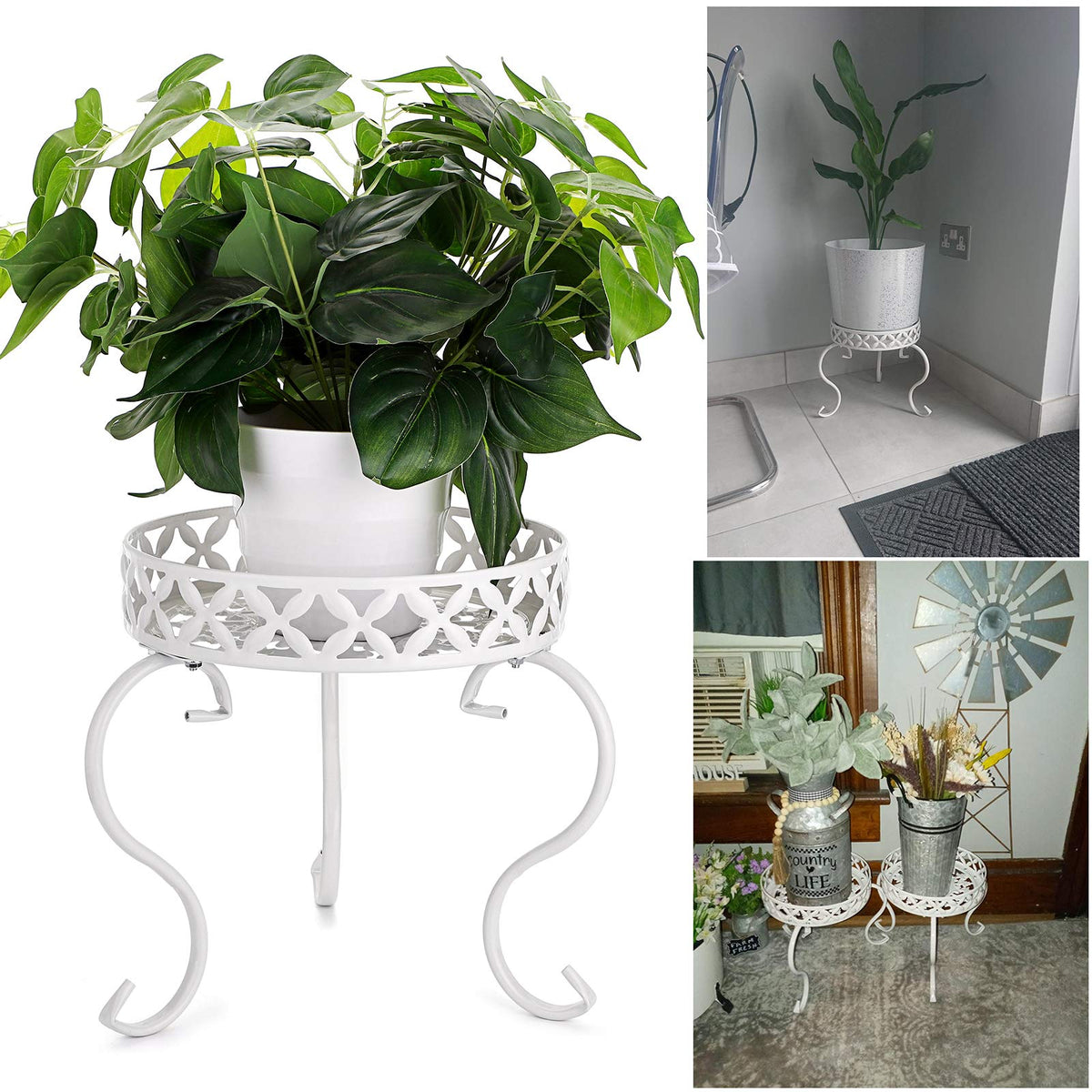 OwnMy round plant stand white finish detail with retro pattern.