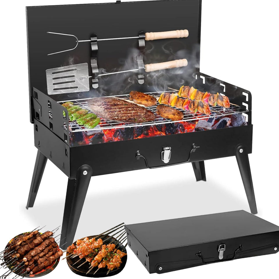 Oxirexe portable charcoal grill folded for compact transport and storage.