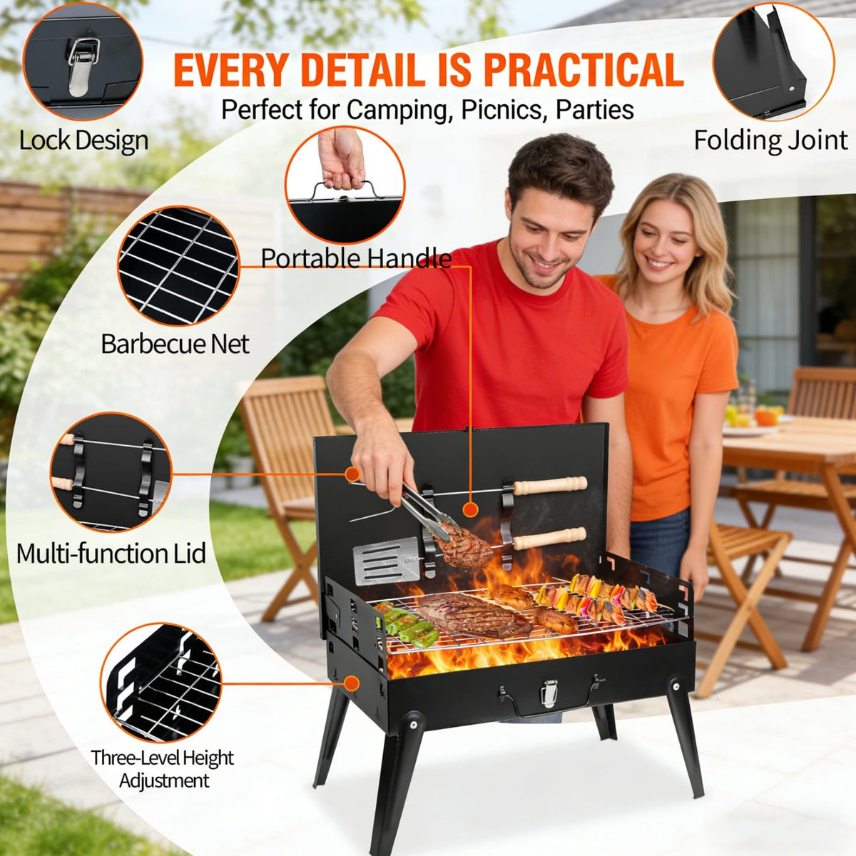 Oxirexe windproof lid shields flames during outdoor grilling.