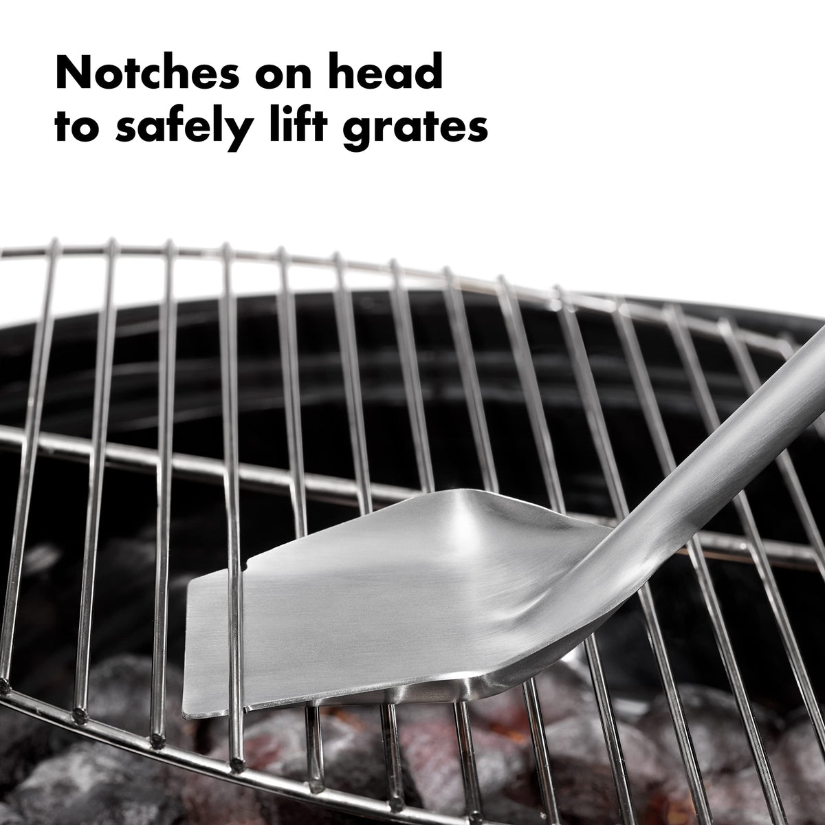 OXO soft-handle coal rake with hanging loop stores near your grill