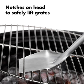 OXO soft-handle coal rake with hanging loop stores near your grill