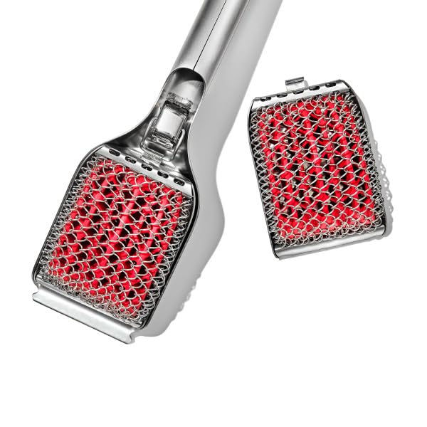 OXO Outdoor Coiled Grill Brush with handle showing replaceable head feature