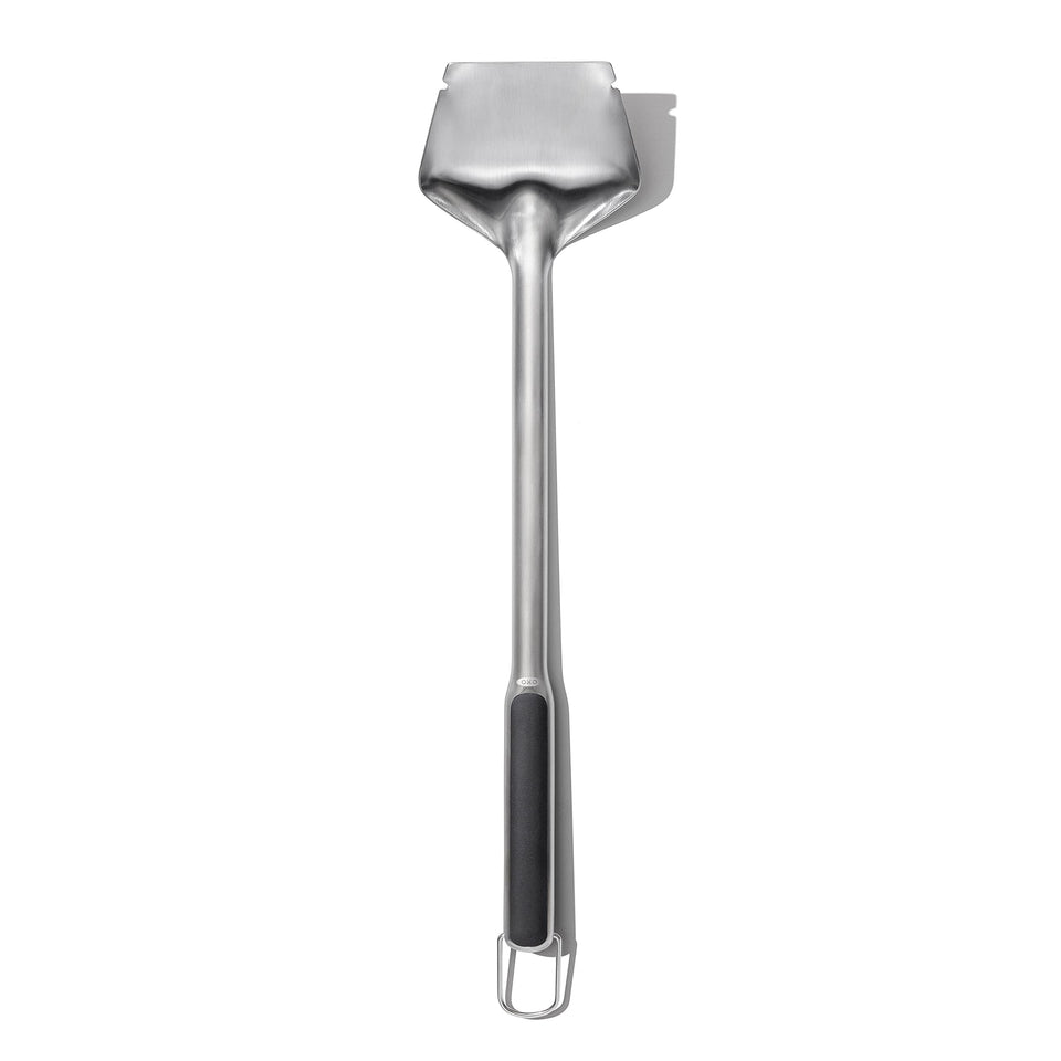 OXO outdoor coal rake head directs coals for direct or indirect grilling