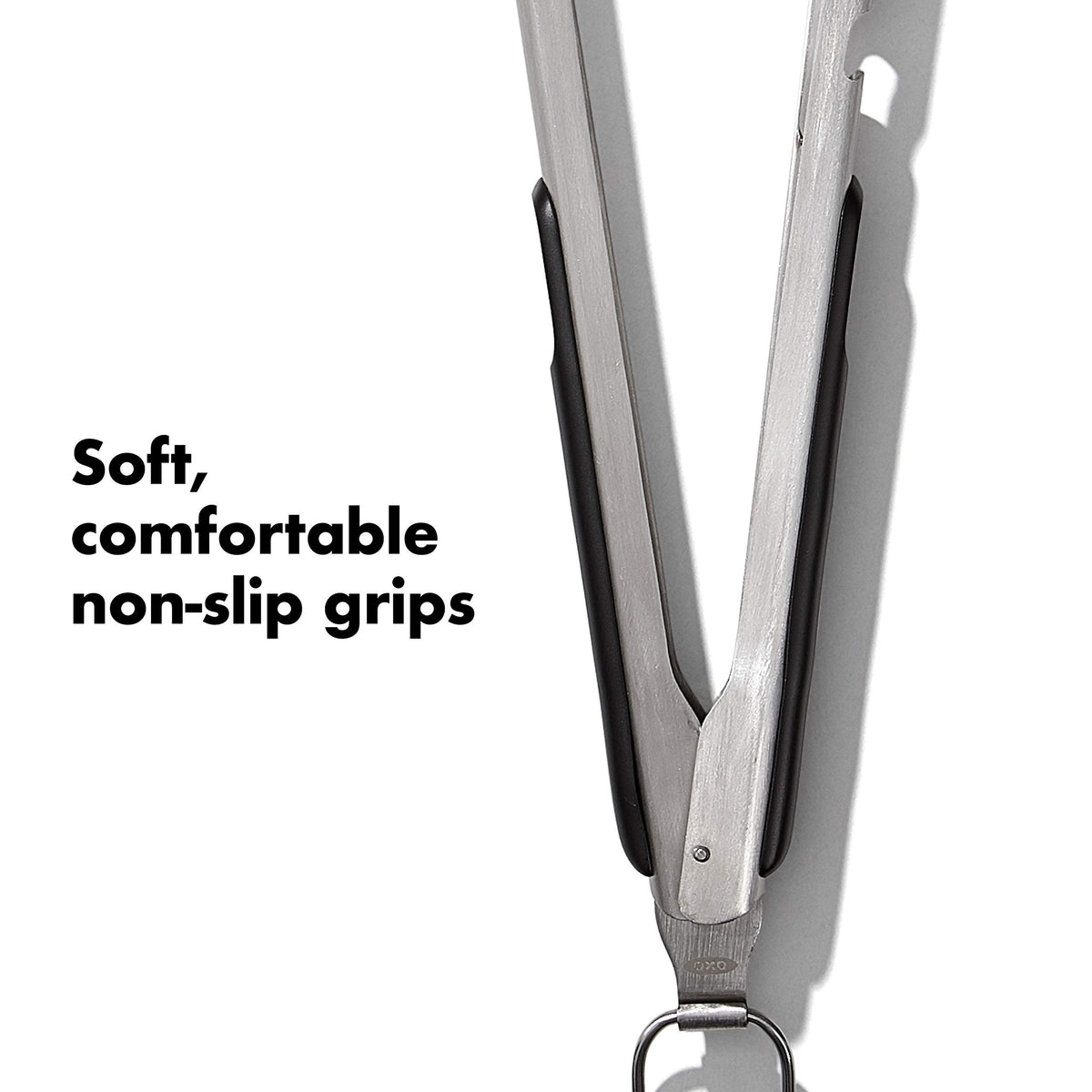 OXO Outdoor Grilling Tongs lock using a pull-tab for compact storage