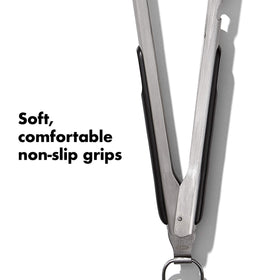 OXO Outdoor Grilling Tongs lock using a pull-tab for compact storage