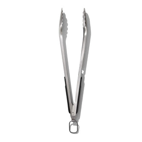 OXO Outdoor Grilling Tongs in rust-resistant steel ready for heavy-duty barbecues