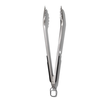 OXO Outdoor Grilling Tongs in rust-resistant steel ready for heavy-duty barbecues