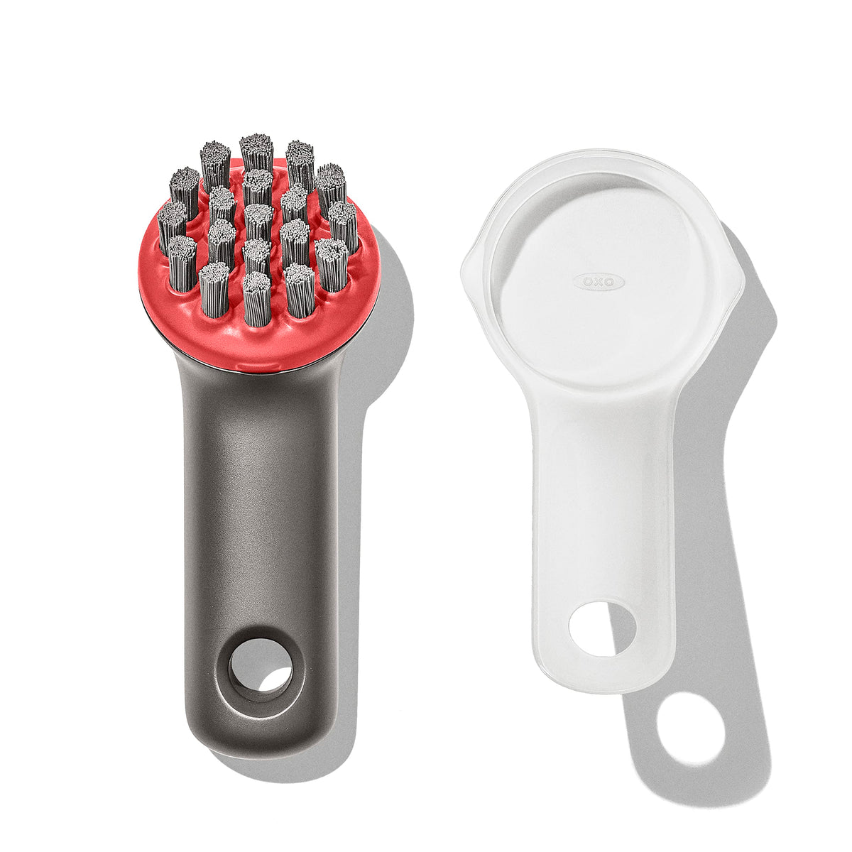 OXO Outdoor Heavy Duty Brush with Cover handle closeup for sturdy cast iron scrubbing