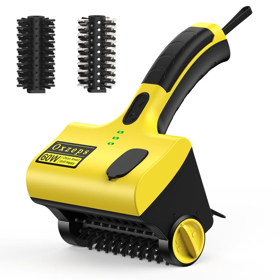 Oxzeps outdoor electric BBQ brush with dual brush heads for versatile grill cleaning.